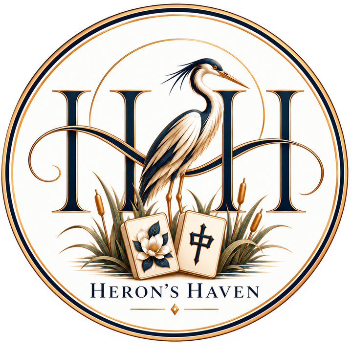 Heron's Haven logo — a heron among cattails with mahjong tiles